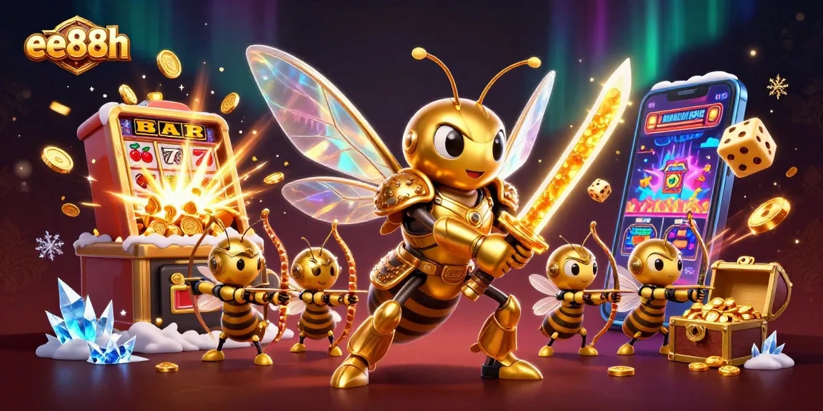 Win big at ee88h with this vibrant 3D illustration of a giant hornet samurai among explosive jackpots and casino games.