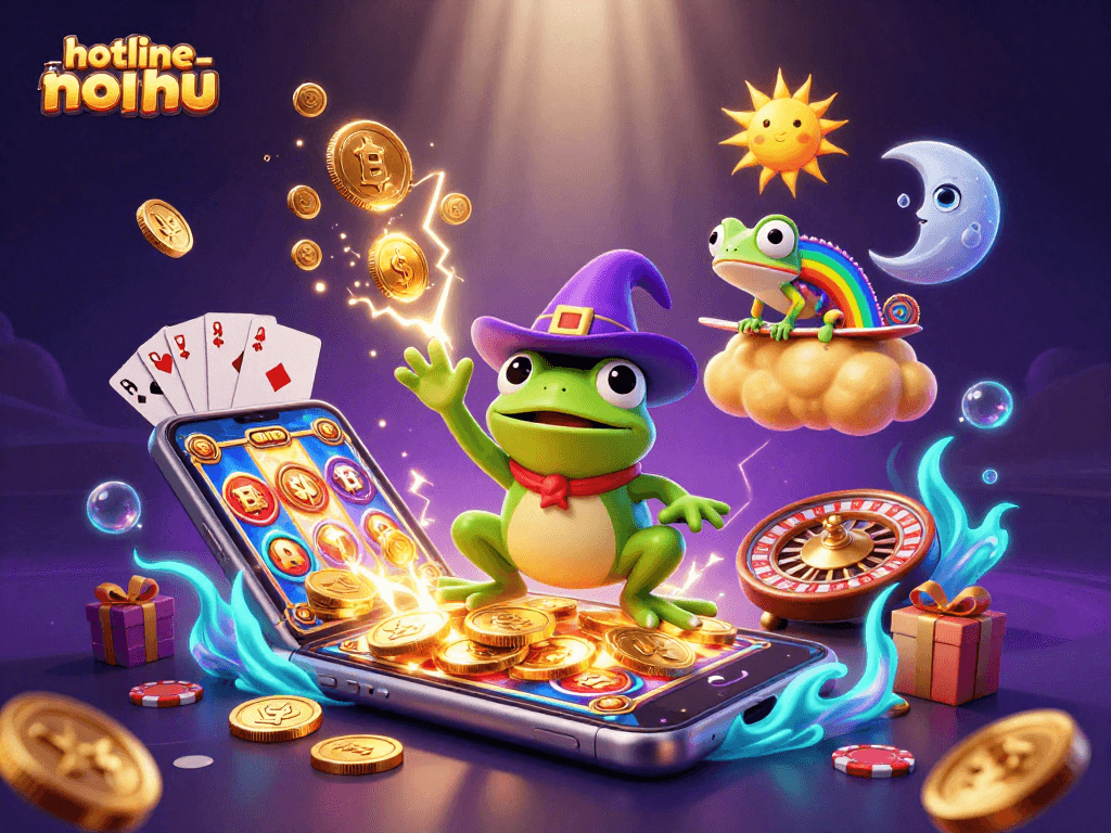 Experience excitement with hotline-nohu, as a wizard frog conjures coins in a vibrant digital gambling landscape.