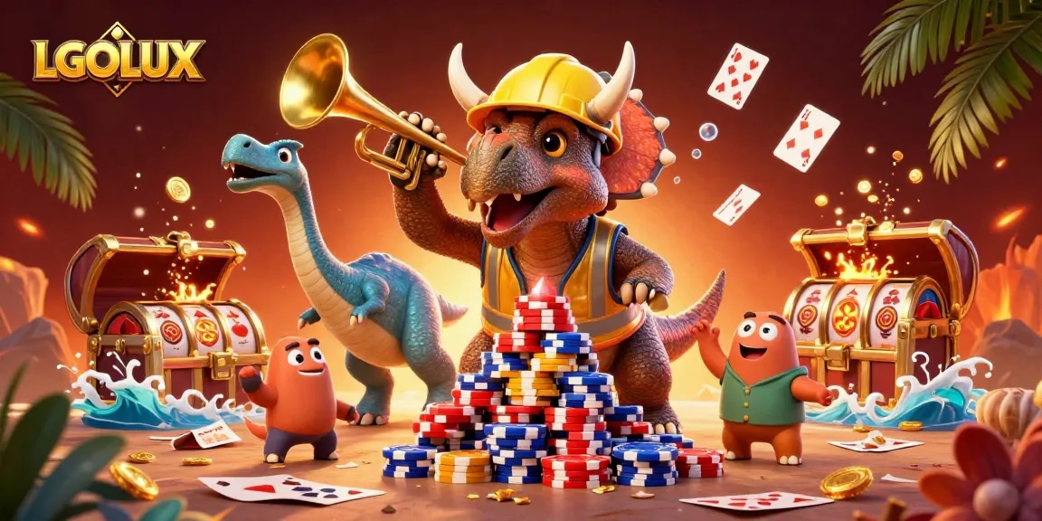 Experience the excitement of LGOLUX as a triceratops builds poker chips and a parasaurolophus cheers amidst gambling elements.
