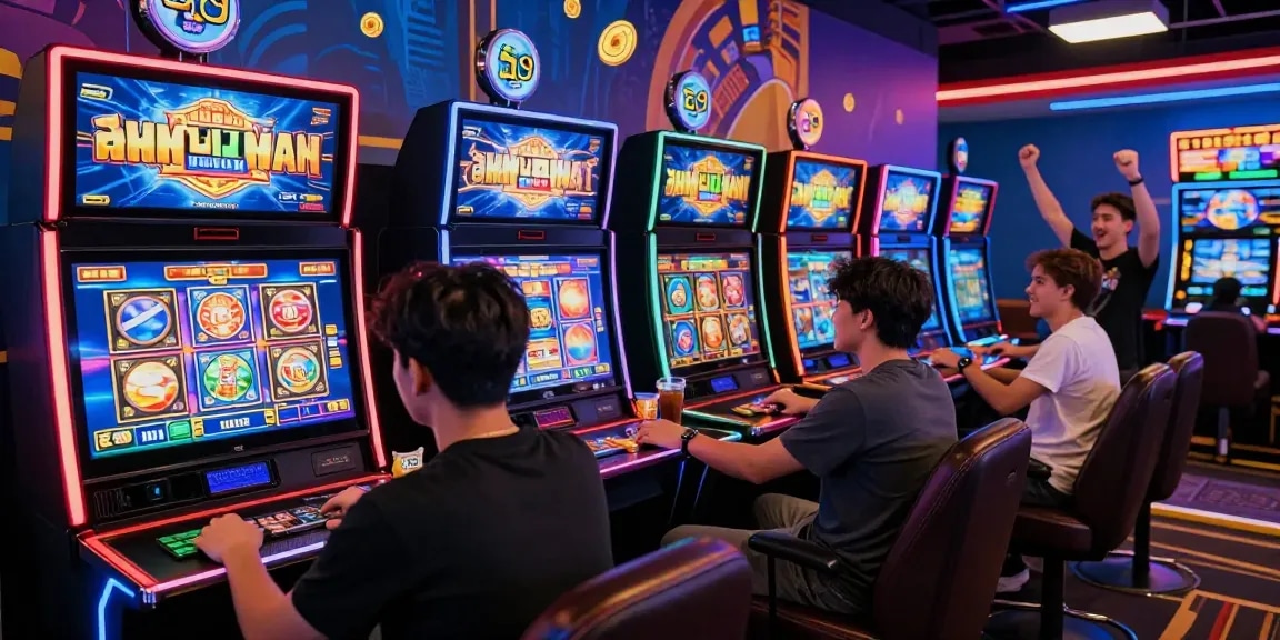Engaged player enjoying M98 สล๊อตเว็บตรง in vibrant gaming room.