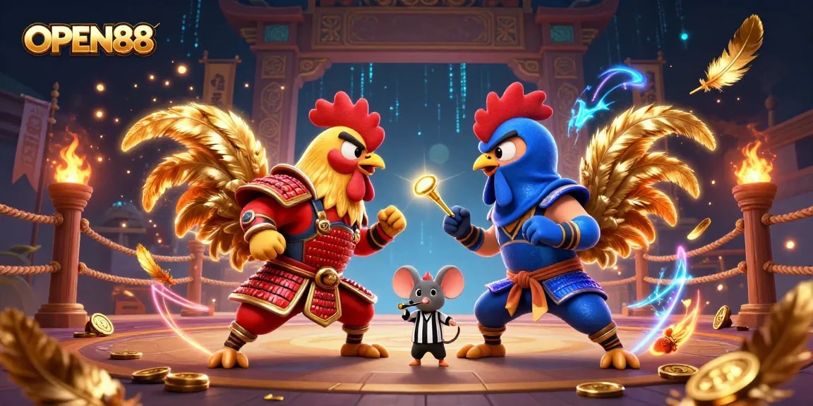 OPEN88 features fighting roosters in samurai and ninja gear amidst a dynamic casino scene filled with action.
