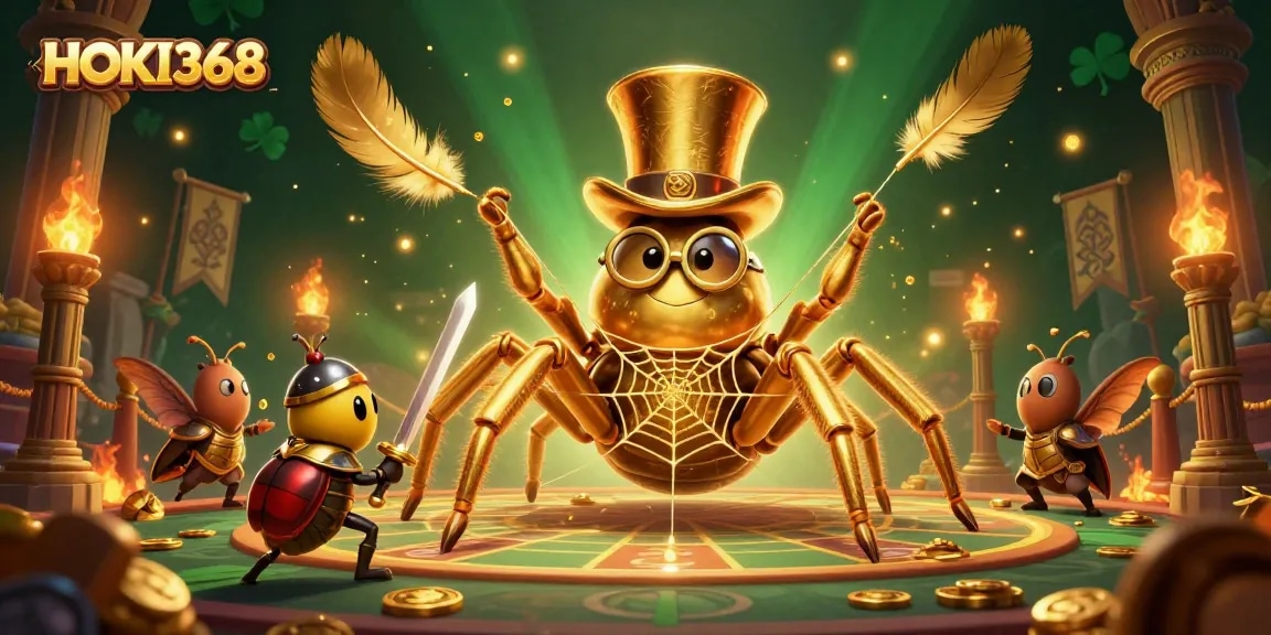 HOKI368 celebrates luck and adventure in a dynamic casino-themed illustration featuring a bold beetle knight.