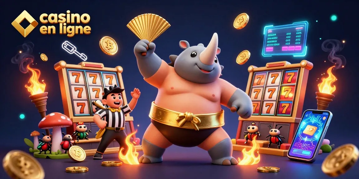Le casino en ligne prend vie avec un scarabée rhinocéros champion de sumo passant à l'action, entouré de jetons et d'innovations numériques.