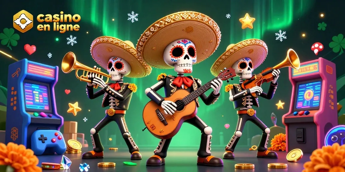 Illustration d'une scène de casino en ligne avec un groupe de mariachi squelettes jouant de la musique joyeuse.