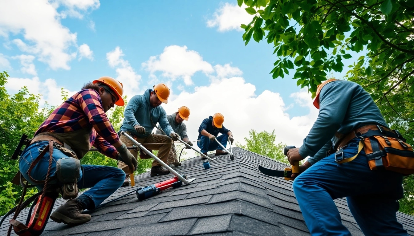 Twinsburg OH roof repairs team showcasing professionalism in action amidst vibrant greenery.