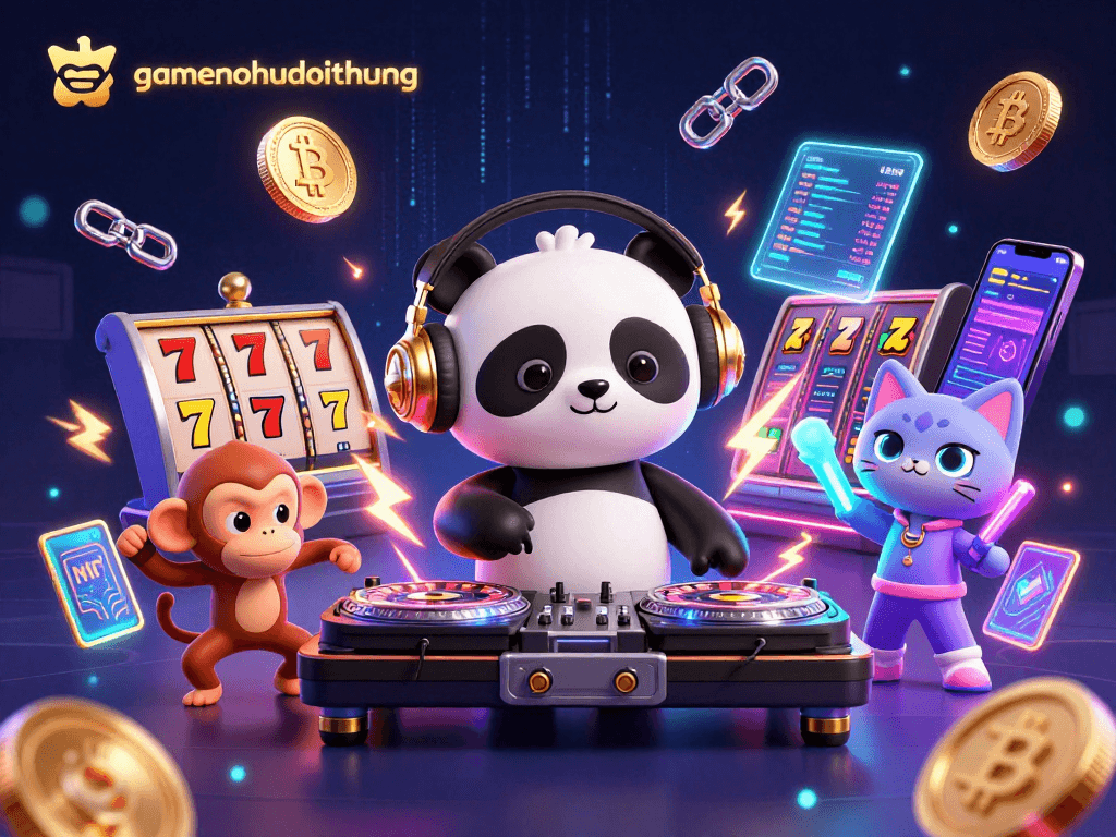 Experience thrilling gameplay with gamenohudoithuong, featuring a DJ panda and friends at a vibrant casino scene.