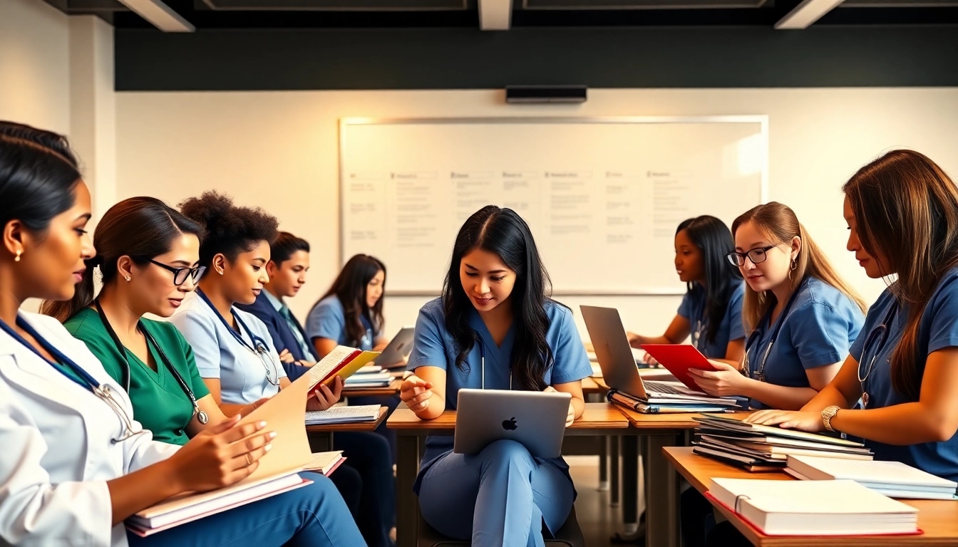 Students participating in person NCLEX bootcamp Houston collaborating and studying together.