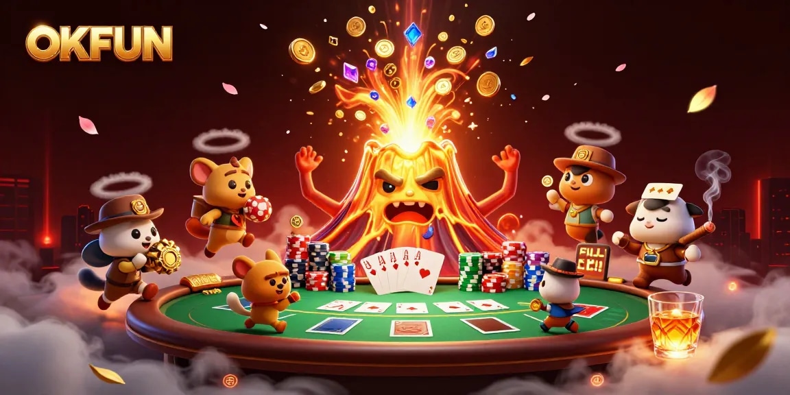 Watch OKFUN's golden volcano erupting with coins as tiny explorers flee with treasure.