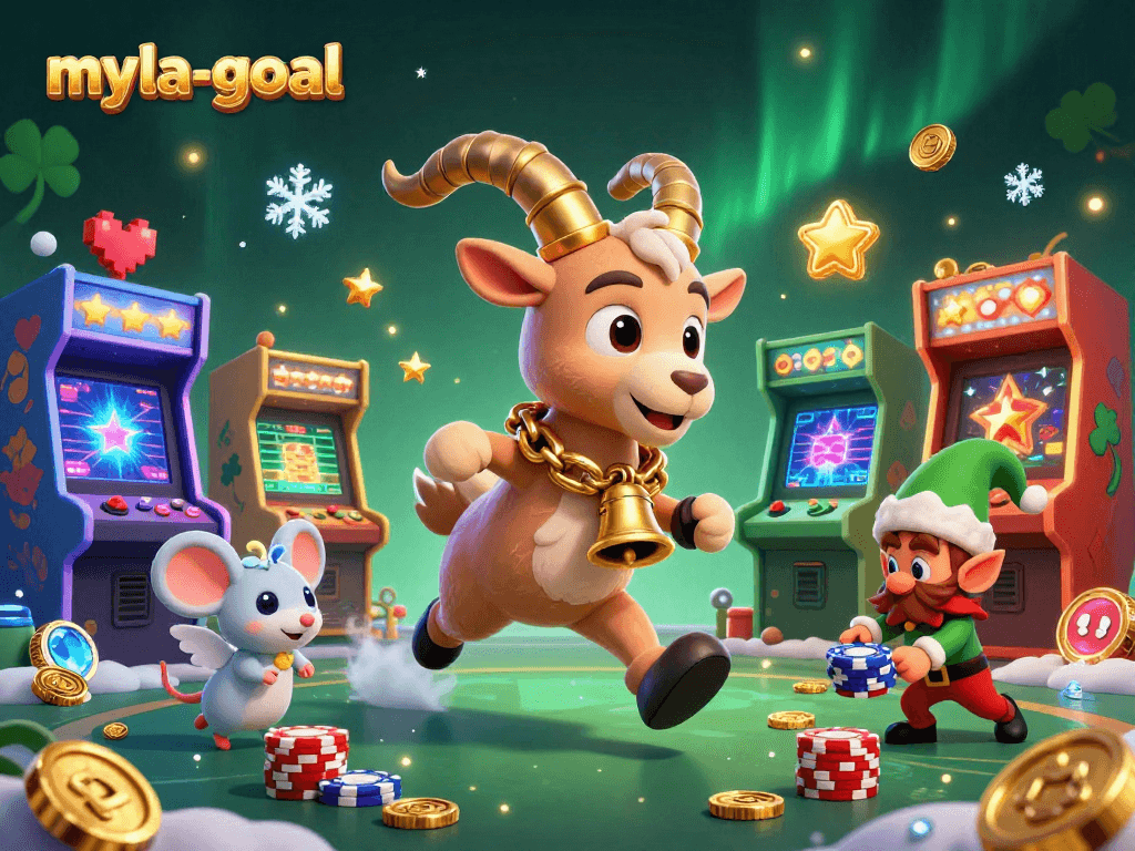 myla-goal illustrated scene of a festive casino with 3D characters engaging in playful chaos