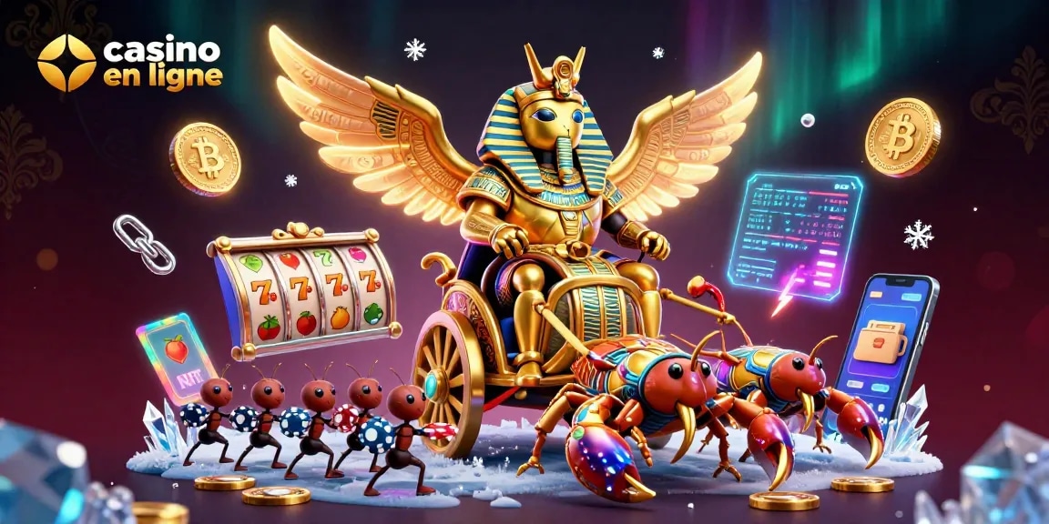 Découvrez un monde de casino en ligne avec un scarabée doré et des symboles de machines à sous.