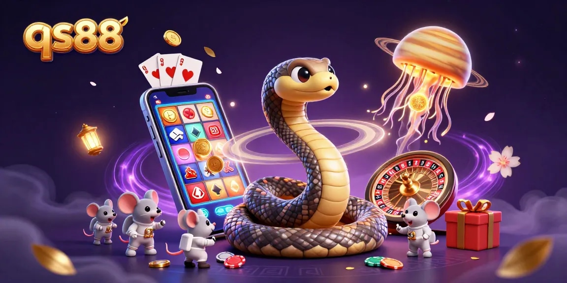Experience thrilling gaming moments at qs88 with animated elements like slot machines and poker chips.