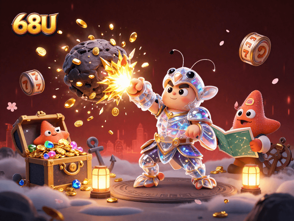 Ilustração 3D de 68U com camarões samurais, tesouros e slots vibrantes.