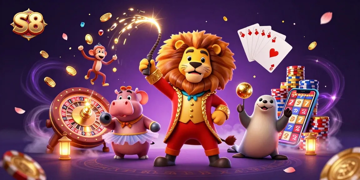 Experience vibrant casino excitement with S8's playful characters amidst cascading coins and slots.
