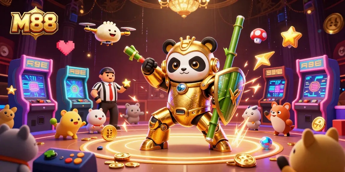 M88 presents an action-packed cockfighting scene featuring a mech-suit panda battling in a vibrant arena.