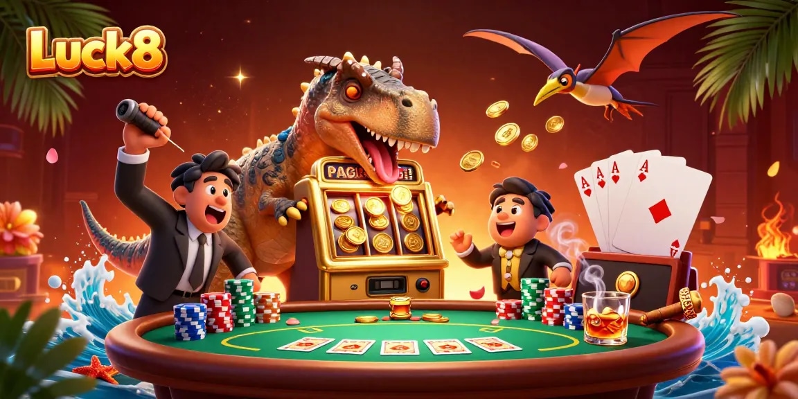 Luck8 jackpot celebration featuring a pachycephalosaurus and casino elements amidst golden coins raining down.