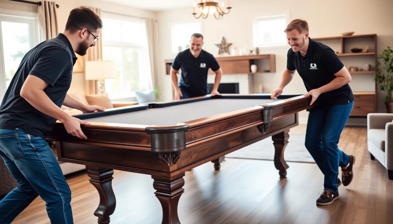 Experienced pool table movers dallas carefully relocating a slate table in a residential setting.