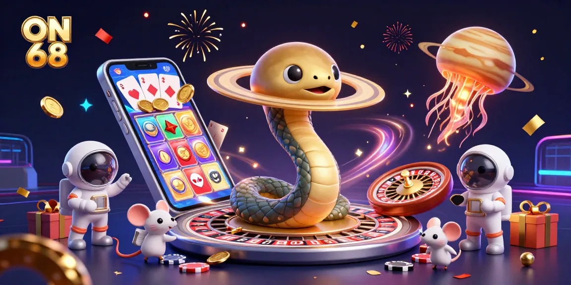 Experience thrilling gameplay in ON 68's universe with a cosmic roulette wheel featuring a Saturn ring snake and exciting slot action.