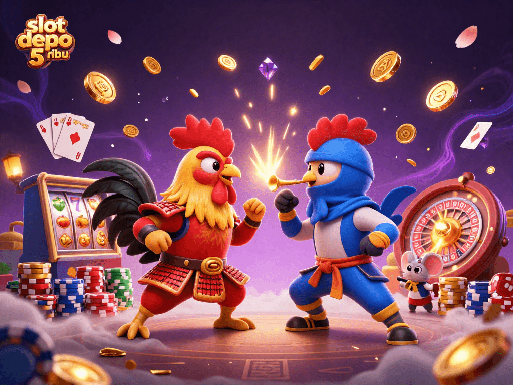 Experience thrilling wins with slot depo 5 ribu amidst vibrant casino elements and dynamic roosters.