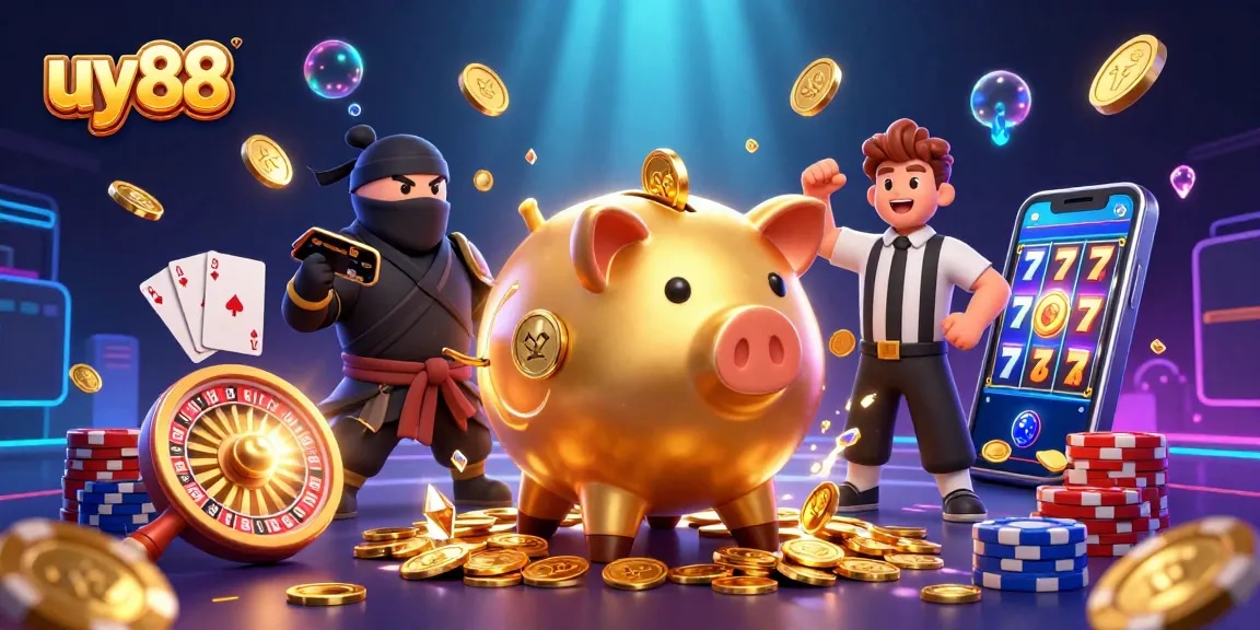uy88 showcases a lively casino scene with a golden piggy bank sumo wrestler amidst flying coins and vibrant game elements.