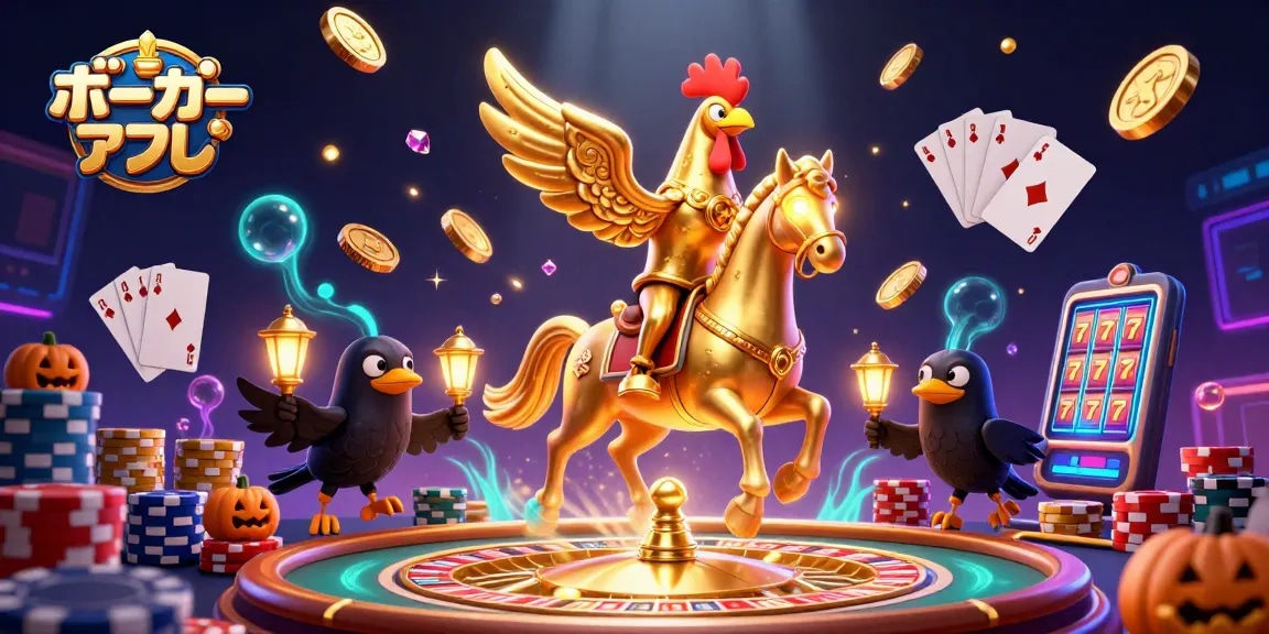 ポーカーアプリを楽しむシーンを描いた、黄金のロースターと共に幻想的なカジノの世界を体験するイラスト。