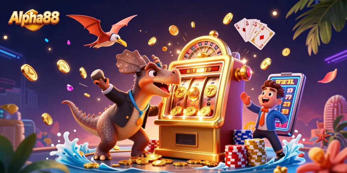Alpha88 jackpot scene featuring a dinosaur celebrating winning coins from a slot machine, dynamic casino theme.