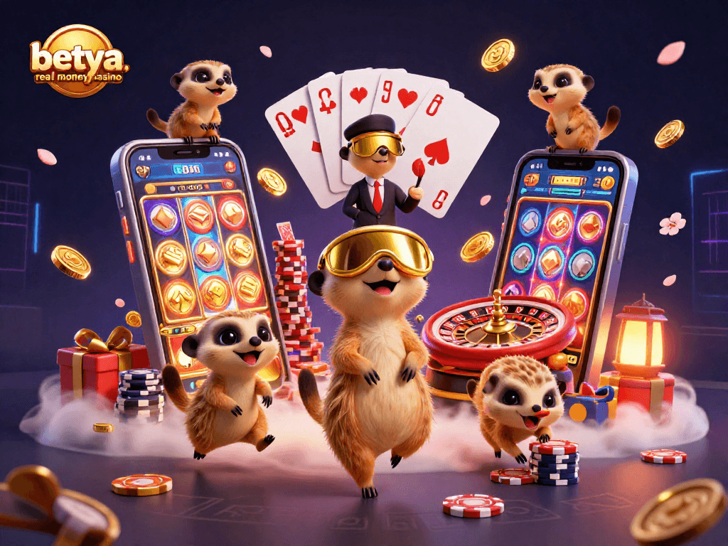 Betya.com real money casino scene depicting meerkats managing games with excitement and vibrant casino elements.