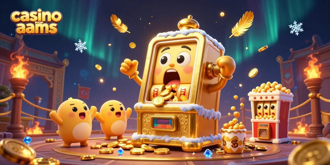 Un’emozionante scena di un casino non AAMS con una macchina slot dorata che vince mentre monete escono, circondata da piccoli slot e un’affidabile macchina dei popcorn.