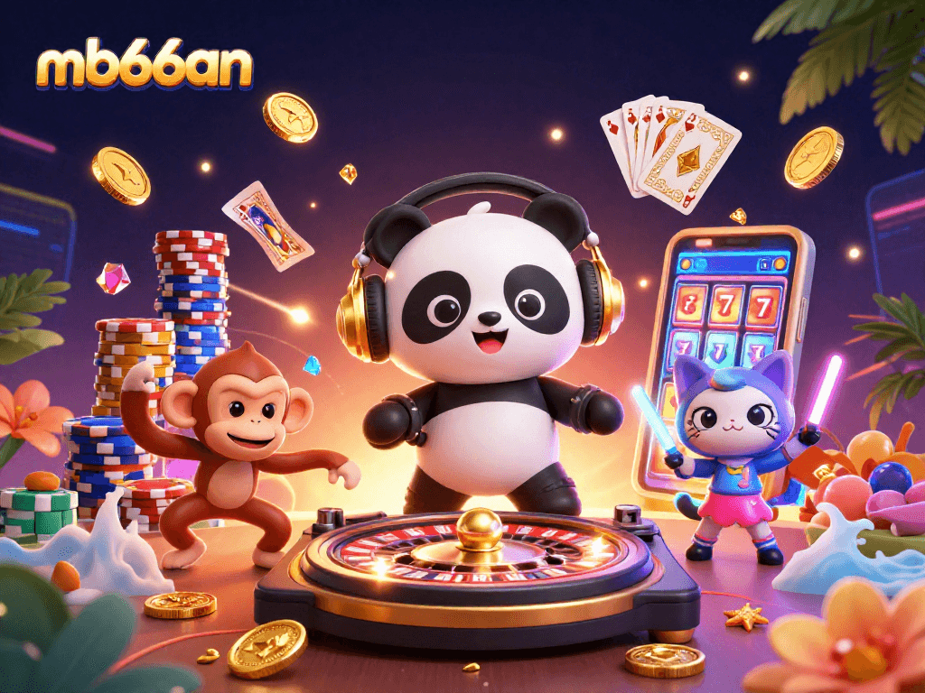 Experience vibrant fun at mb66an with a DJ panda, dancing monkey, and rave kitten amidst casino elements.