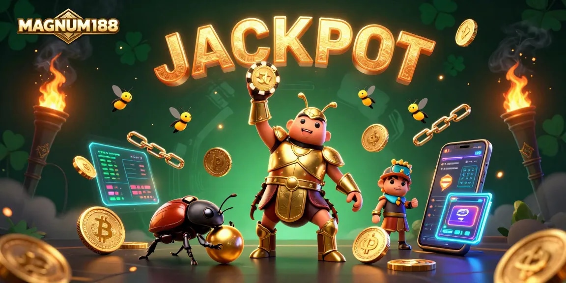 Experience MAGNUM188 excitement as a heroic beetle triumphs over poker odds in this vibrant casino illustration.