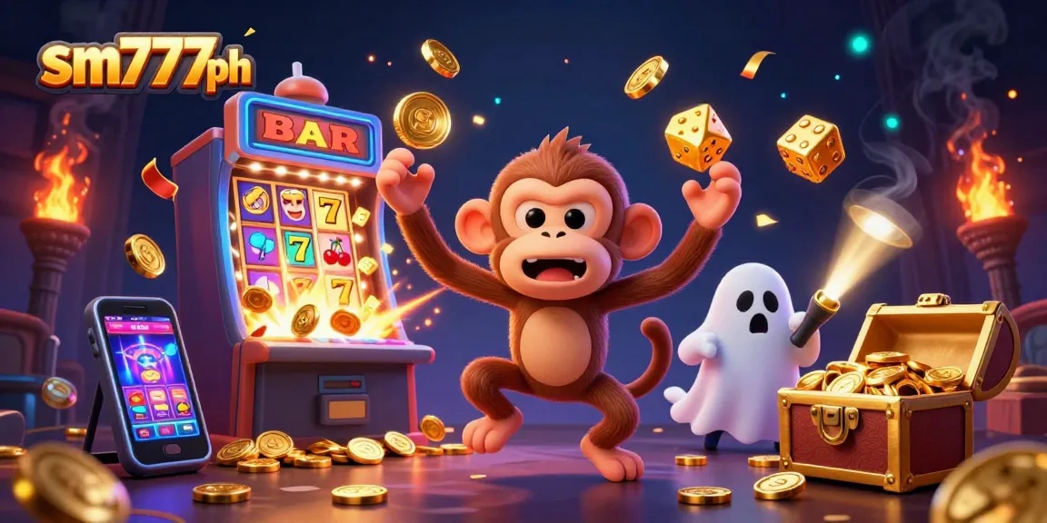 Experience the thrill of sm777ph with a lively casino scene featuring a poltergeist monkey and ghost-hunting puppy.