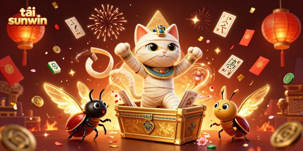 Engage with exciting slots by tải sunwin as a mummy cat bursts from a sarcophagus amidst festive elements.