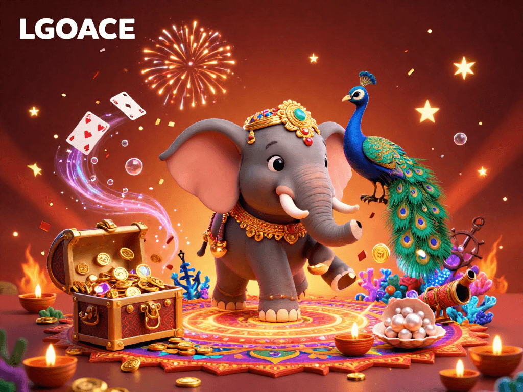 LGOACE offers immersive gaming experiences with a stunning 3D illustration showcasing vibrant characters and casino elements.