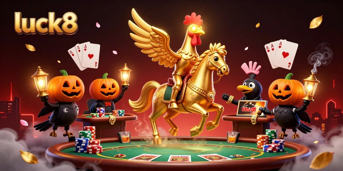 Engage in luck8 gaming adventure with vibrant visuals of a golden rooster and poker elements.