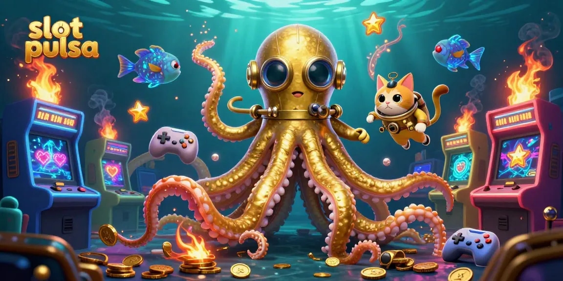 Engage in thrilling slot pulsa action with a kraken rising from treasure, surrounded by game elements.