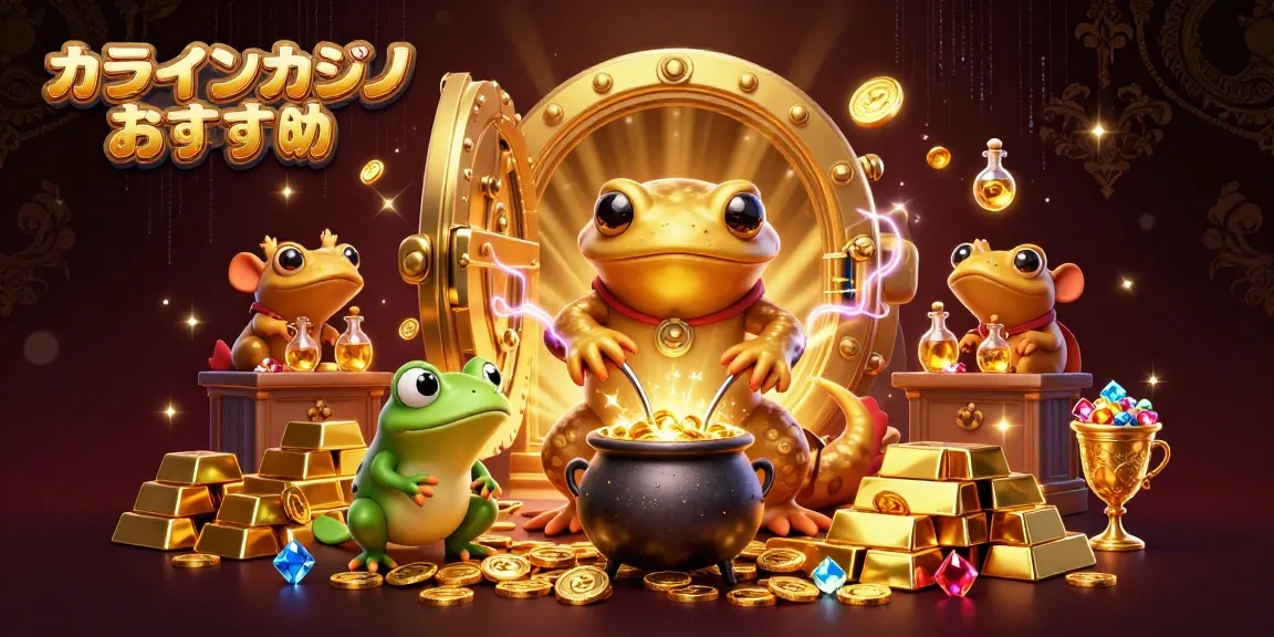 オンラインカジノ おすすめの煌びやかなシーンで、金コインに変換する錬金術師と冒険するカエルが描かれています。