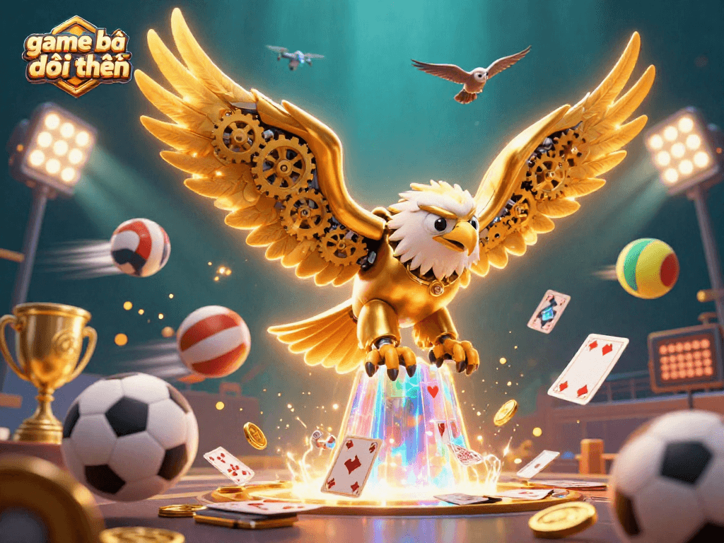 Experience game bài đổi thưởng as a golden eagle dives through vibrant holographic cards and sports elements.