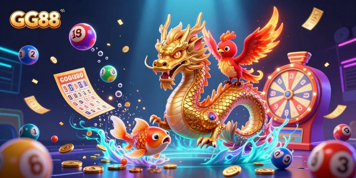 Experience thrilling gameplay with GG88 featuring a golden dragon, phoenix, and koi fish amidst dynamic casino elements.