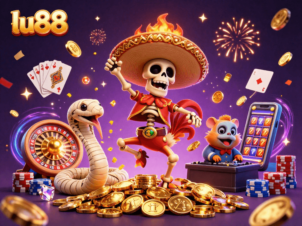 Experience thrilling gameplay with lu88's dynamic casino elements in a vibrant, action-packed scene.