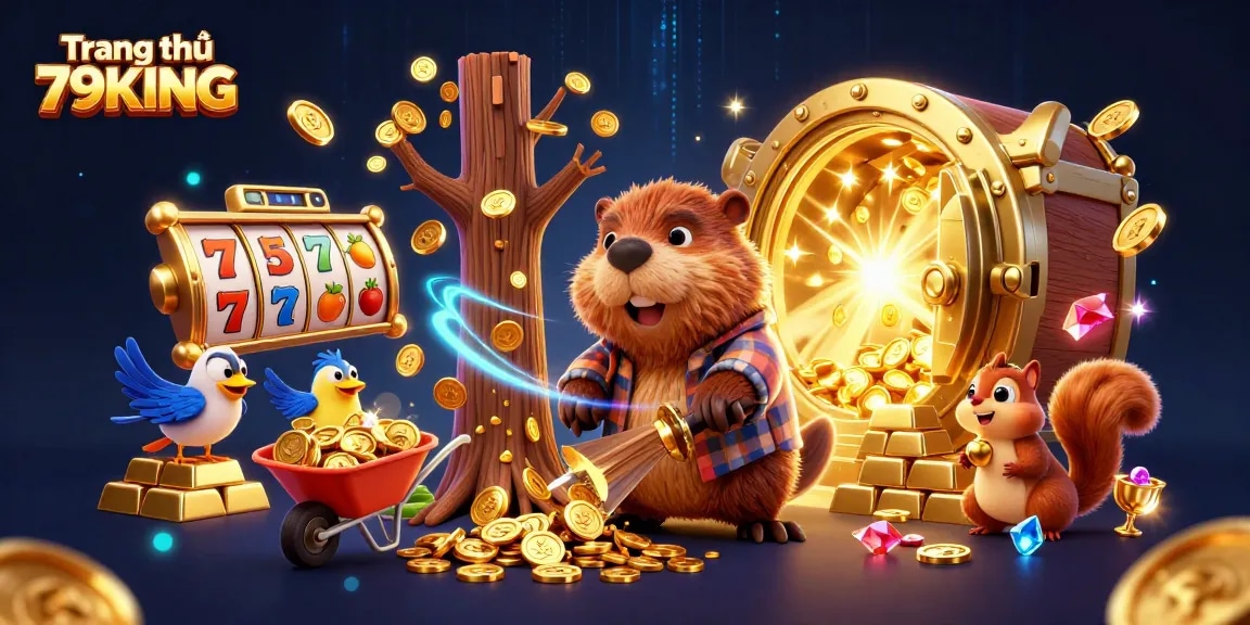 Experience the excitement of winning gold with Trang chủ 79KING in this vibrant casino-themed illustration.
