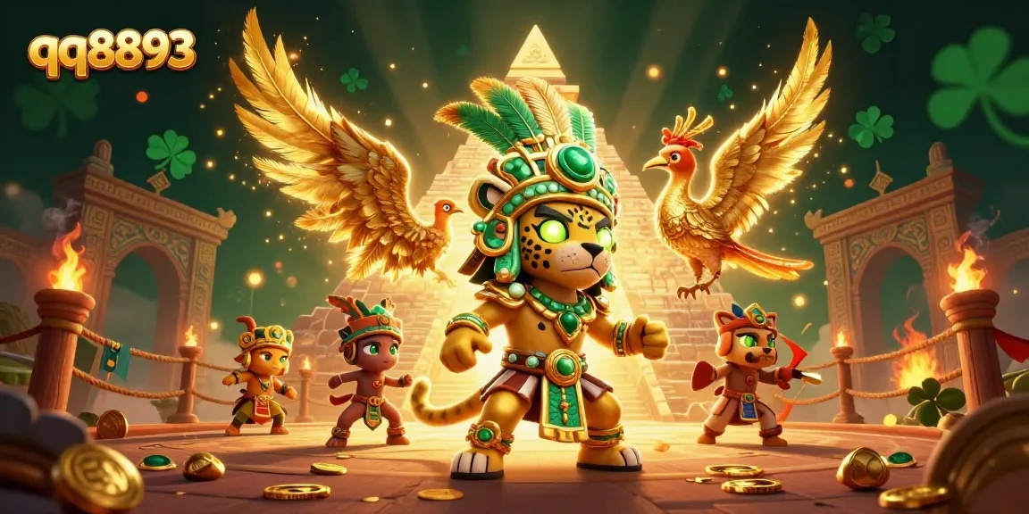Engage with the immersive world of qq8893 in a vibrant casino scene featuring a Mayan jaguar priest and gold coins.