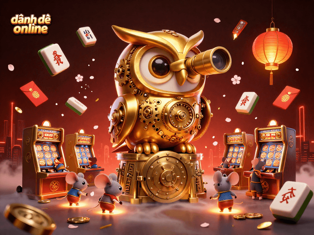 Engage in đánh đề online with a vibrant 3D scene featuring a golden owl and lucky symbols.