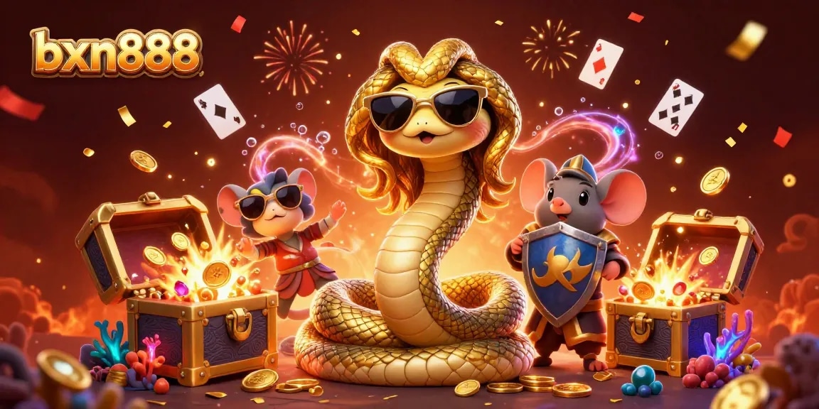 Experience the thrill of gaming with bxn888, featuring Medusa and a warrior mouse in a vibrant casino scene.