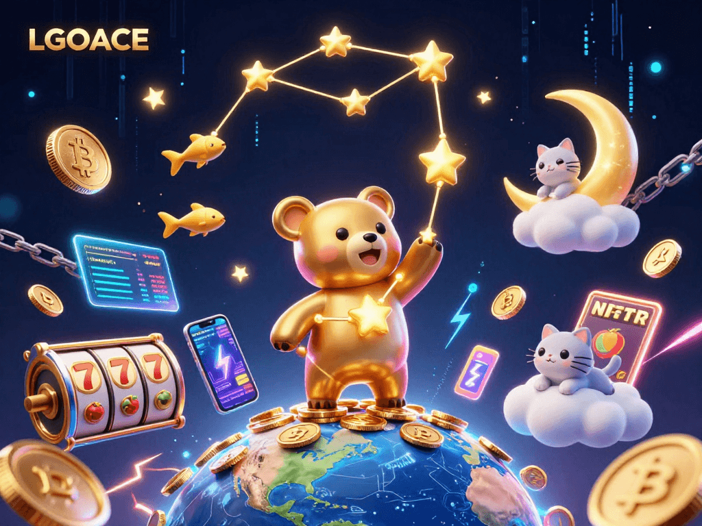 LGOACE engages players with a vibrant casino-themed scene showcasing starry characters and crypto elements.