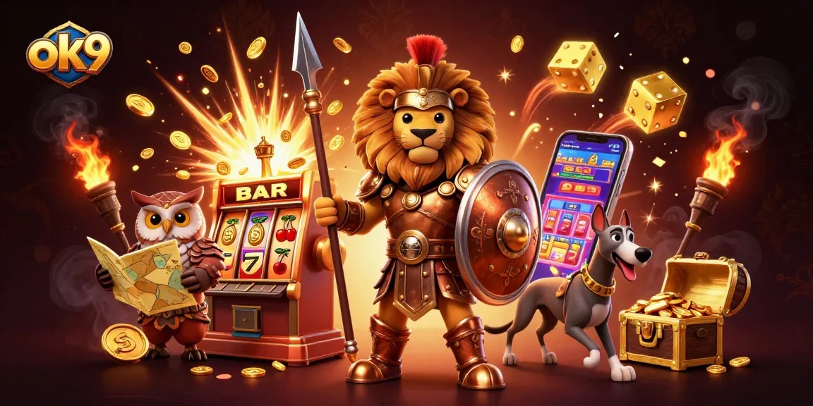 Experience thrilling moments at ok9 with a vibrant slot machine bursting with coins and light!