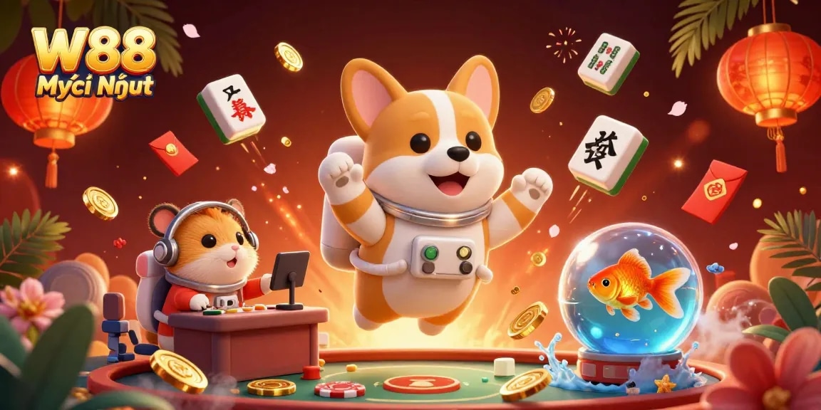 Experience the thrill of W88 Mới Nhất as the astronaut corgi floats through a casino filled with lucky symbols.