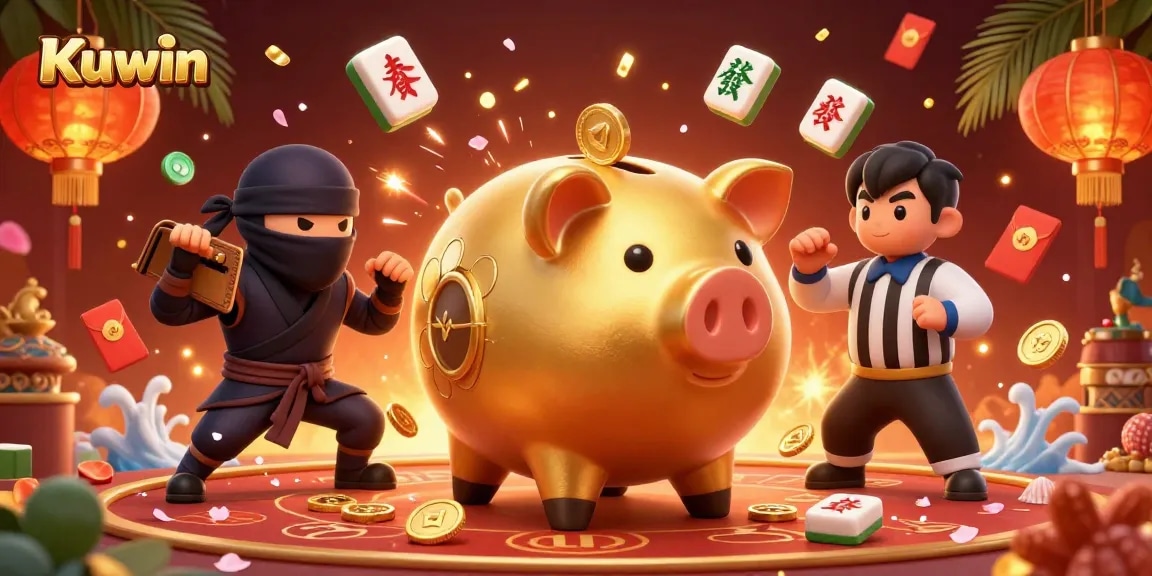 Kuwin-themed 3D illustration features a golden piggy bank sumo wrestler stomping to scatter coins in a vibrant casino setting.