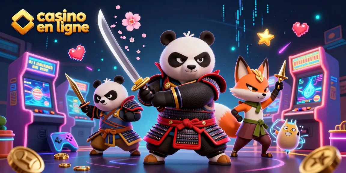 Profitez des jeux de casino en ligne avec un panda samouraï et un renard ninja au casino virtuel.