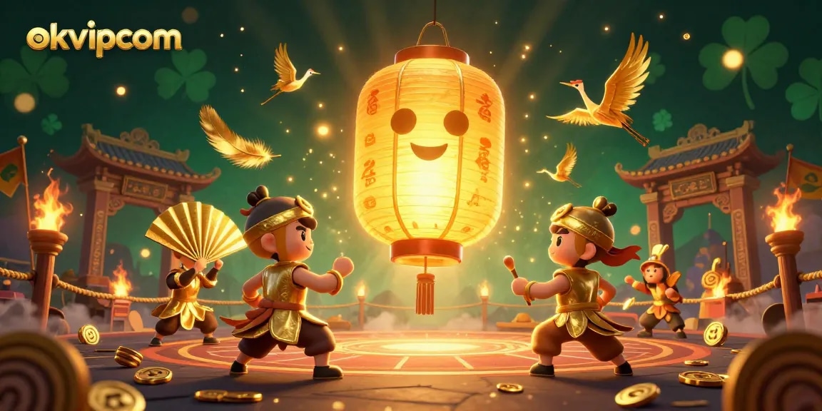 Immerse in the okvipcom casino experience with a vibrant 3D scene of a golden lantern spirit and gaming elements.
