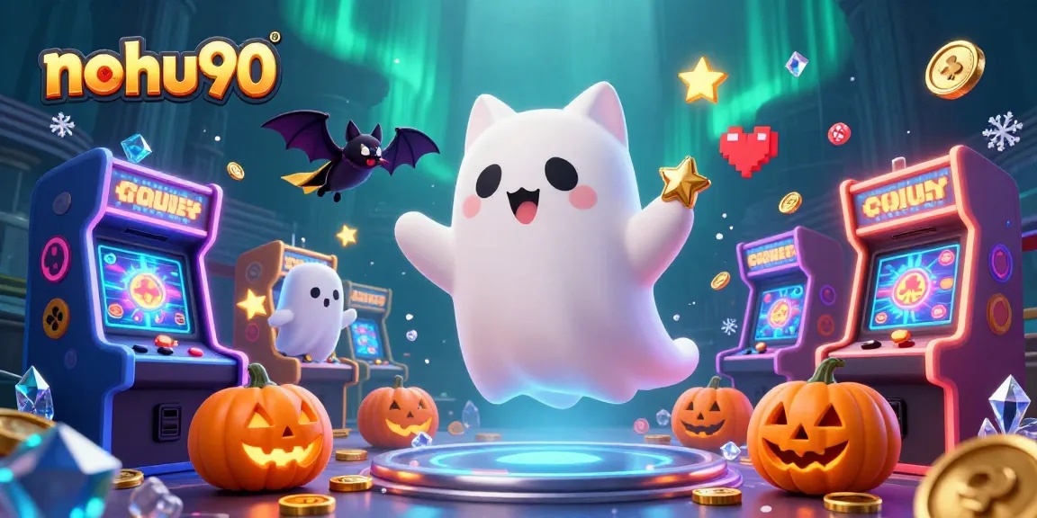 Engage with nohu90's haunted casino experience featuring a friendly ghost cat and jackpot excitement.