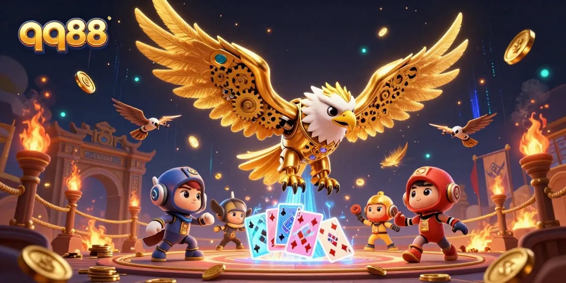 qq88 showcases a dynamic 3D illustration of a cybernetic golden eagle amidst holographic cards, highlighting thrilling gambling.